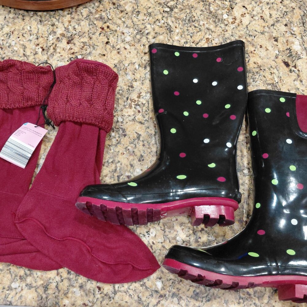 Senna Ladies Rain & Garden Boots Sz 8M Black Polka Dot Removable Liner NWOT